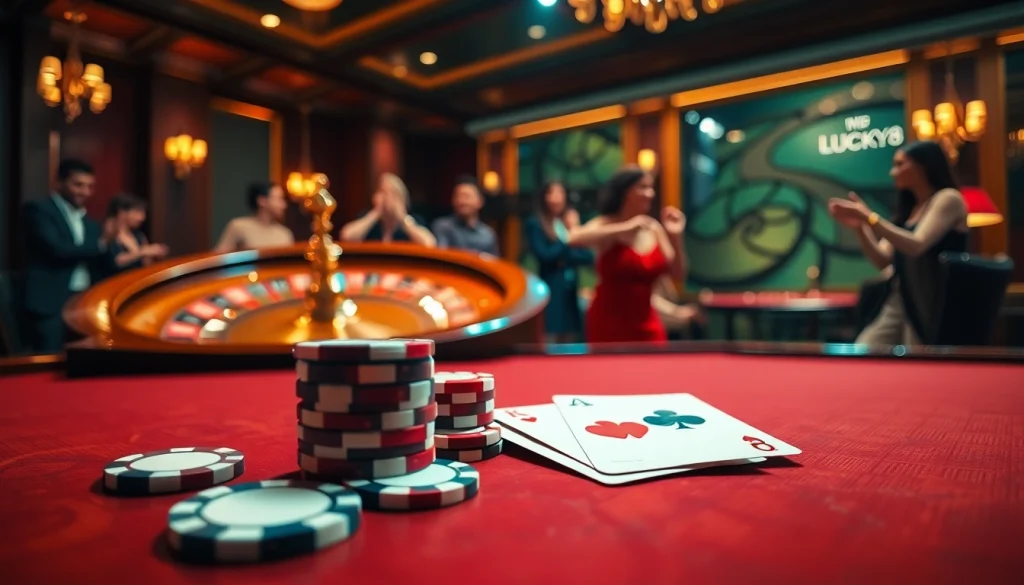 Cảnh casino LUCK8 nổi bật với trò chơi poker, chip màu sắc rực rỡ và các quân bài.