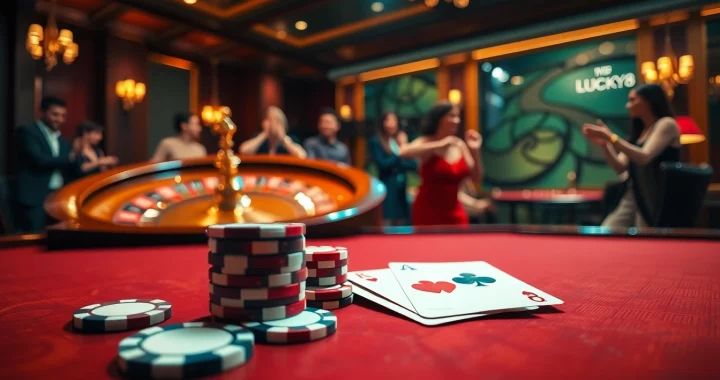 Cảnh casino LUCK8 nổi bật với trò chơi poker, chip màu sắc rực rỡ và các quân bài.