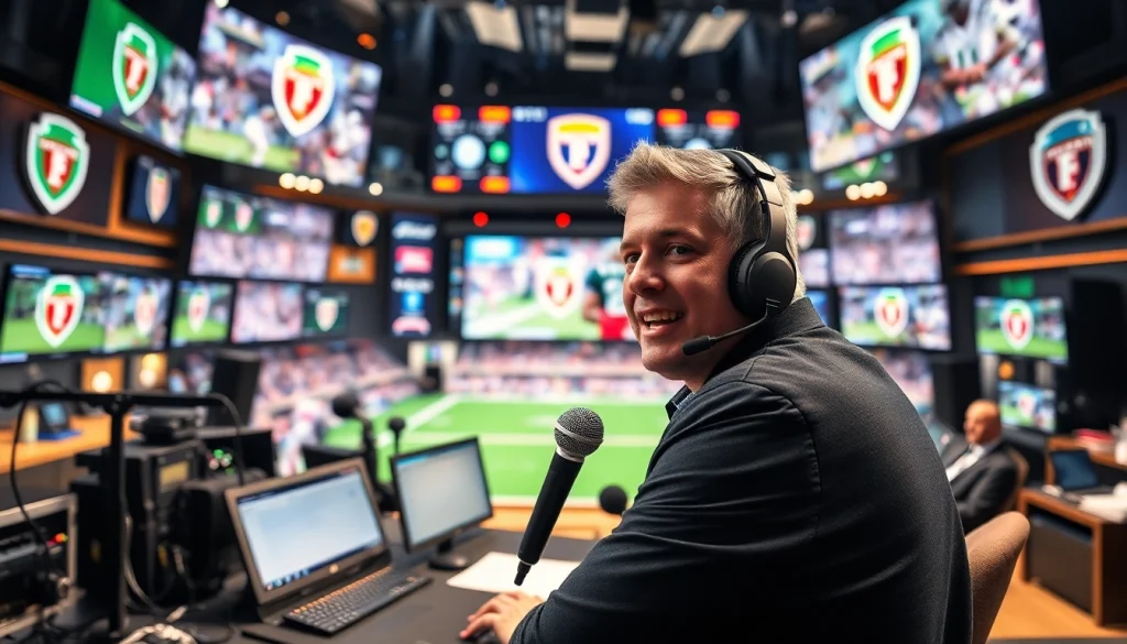 Engaging moment in sports broadcasting with a commentator in a vibrant studio setting.