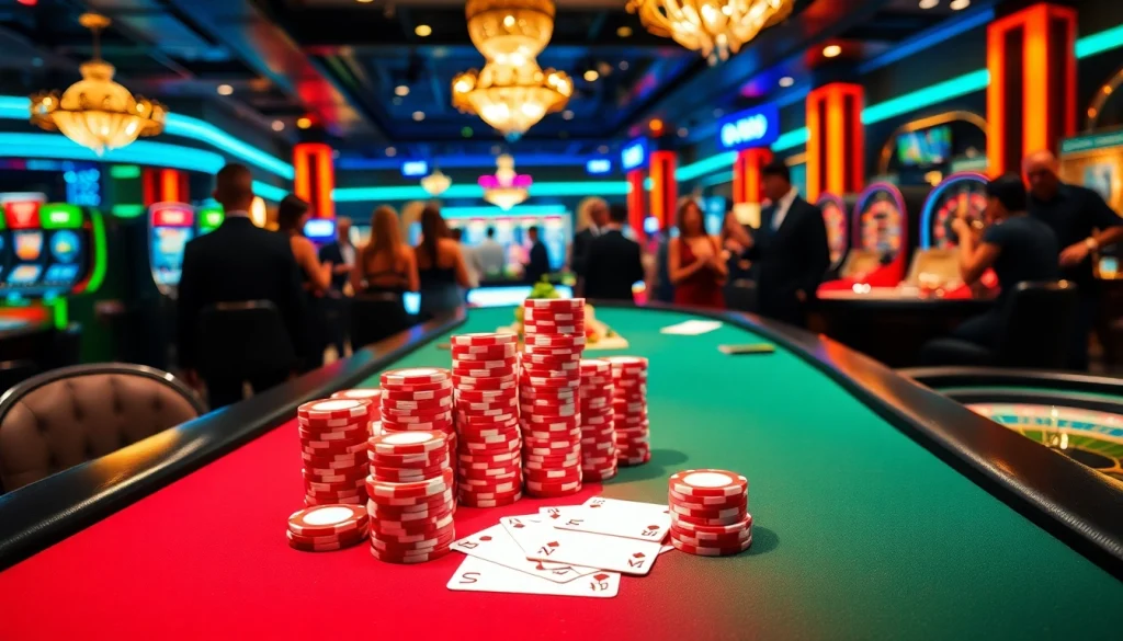 Experience thrilling gameplay at U 888 with vibrant casino visuals, dice, and poker tables.