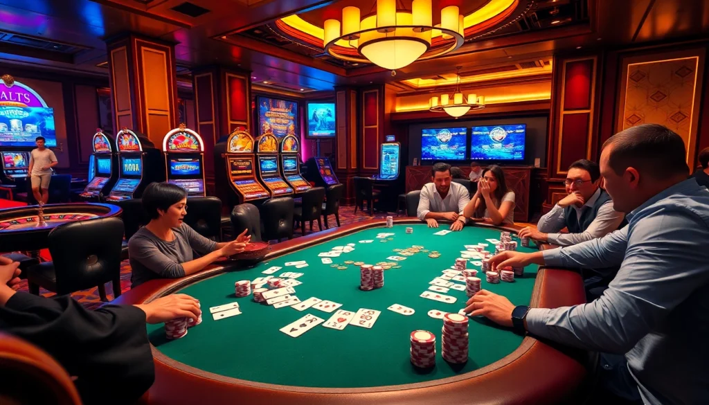 Exciting poker action at tại 789club with players betting on high-stakes hands, showcasing luxury and thrill.