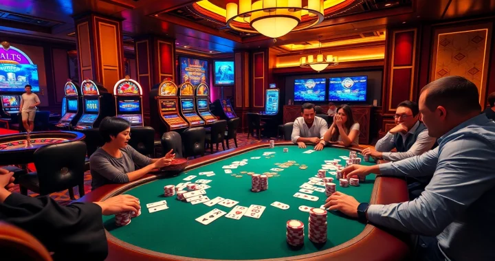 Exciting poker action at tại 789club with players betting on high-stakes hands, showcasing luxury and thrill.