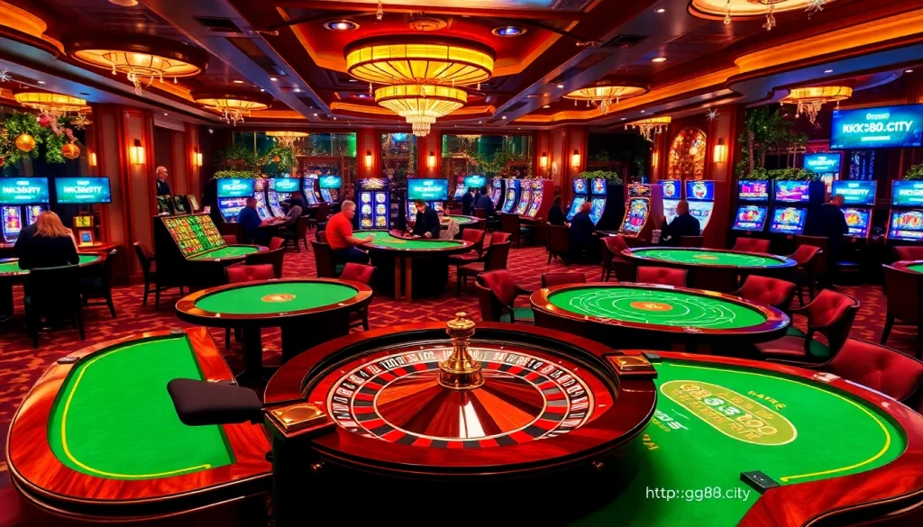 Experience thrilling casino action at https://gk88.city/ with players enjoying exciting table games and festive decorations.