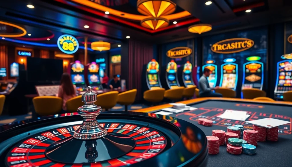 Experience the vibrant energy of 88i nhà cái with a spinning roulette wheel and poker action.