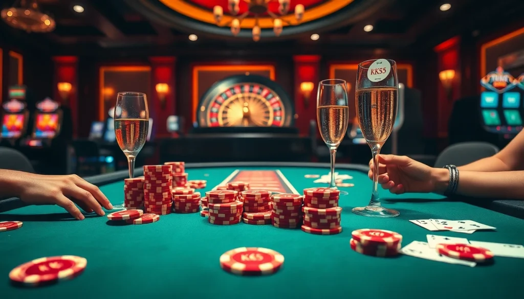 Experience the thrill of betting at a luxurious casino featuring KK55 poker chips and a roulette wheel.