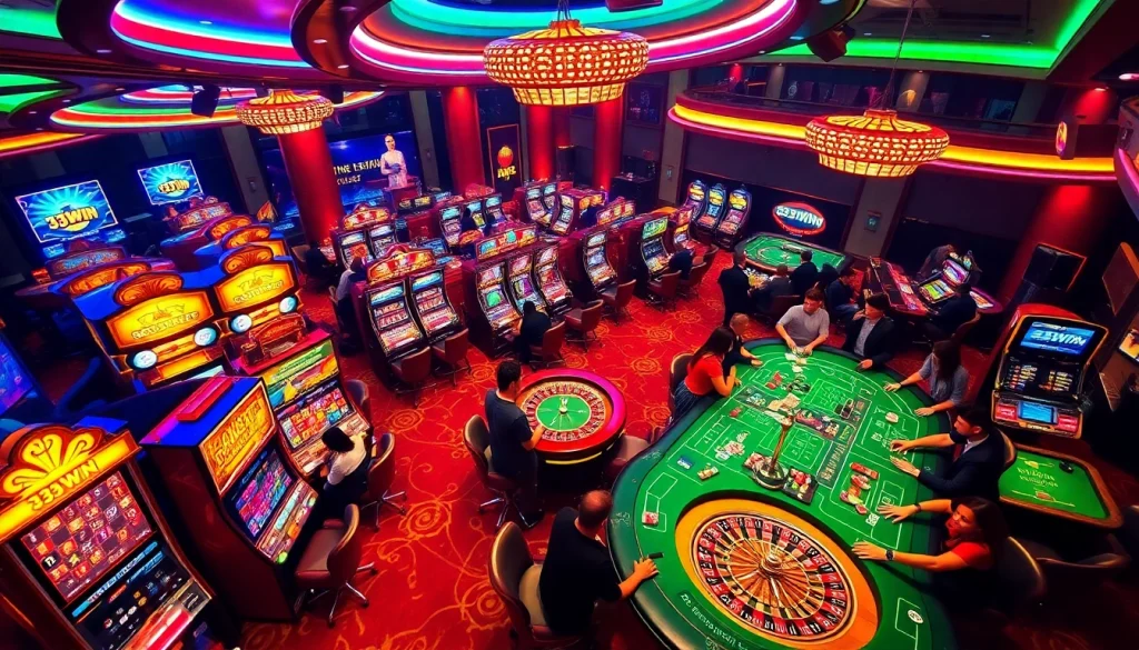 Excited players enjoying games at 33WIN casino with vibrant slot machines and roulette wheels.