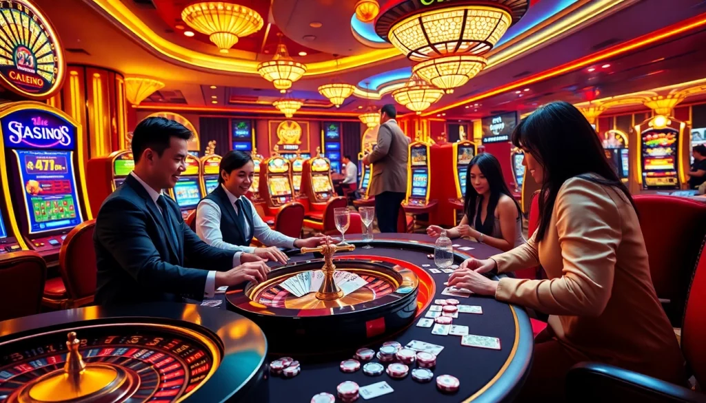 An exciting scene at F8BET COM featuring players at casino tables, vibrant slot machines, and engaging poker games.