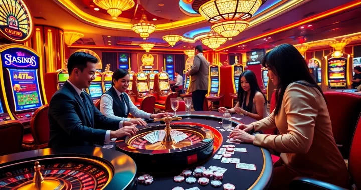 An exciting scene at F8BET COM featuring players at casino tables, vibrant slot machines, and engaging poker games.