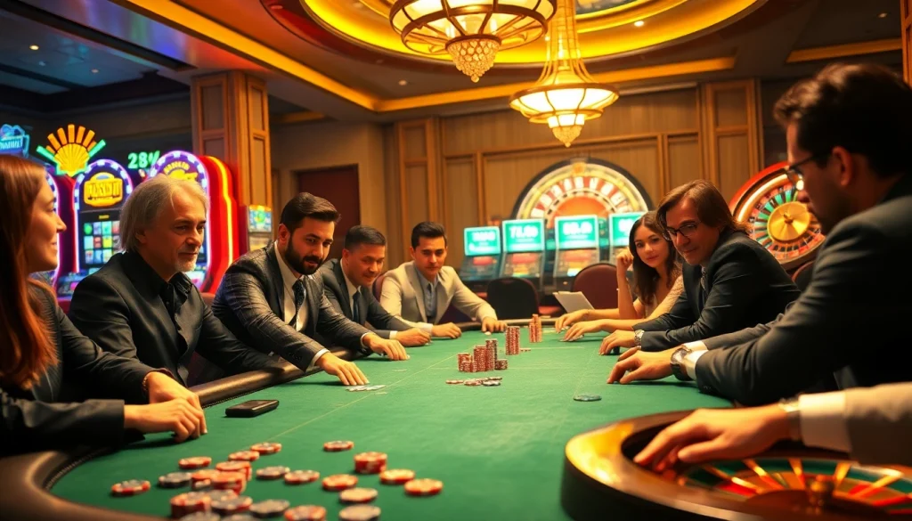 Engaged gamblers participating at a luxurious poker table in 28bet casino scene.