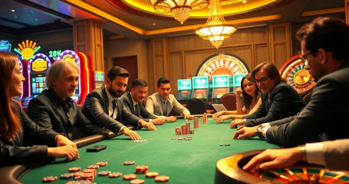 Engaged gamblers participating at a luxurious poker table in 28bet casino scene.