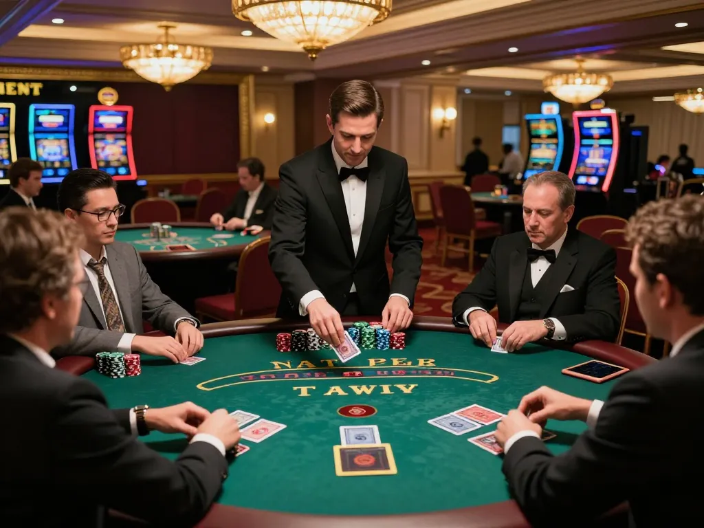 Players engaged in a high-stakes blackjack game at a casino, strategic moves around the nohu table.