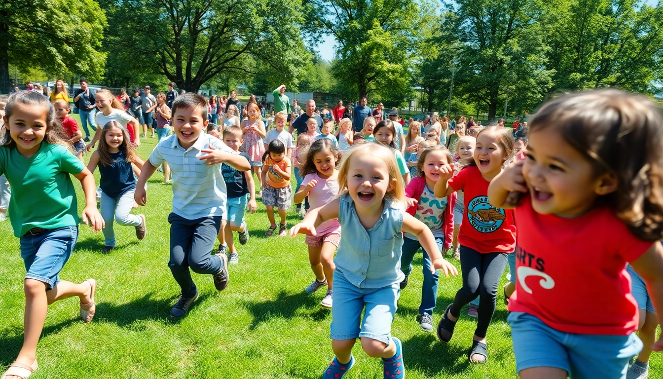 Kinder spielen aktiv in einem Outdoor-Spielbereich, hier klicken und informieren ueber Bewegungsspiele.