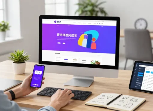 使用紫鸟浏览器的专业用户在现代办公室工作环境中，展现高效的浏览体验，周围配备先进的科技设备。